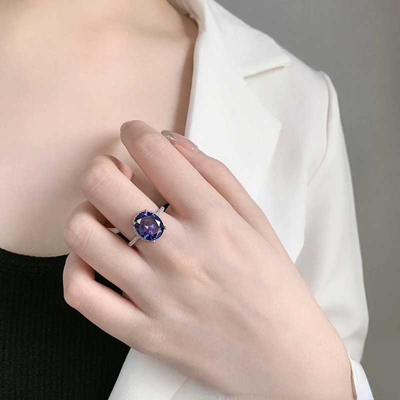S925 Sterling Silver Dove Egg Sapphire Ladies Ring Flash Diamond Personality Temperament Fashion Ring Women's Wedding Jewelry