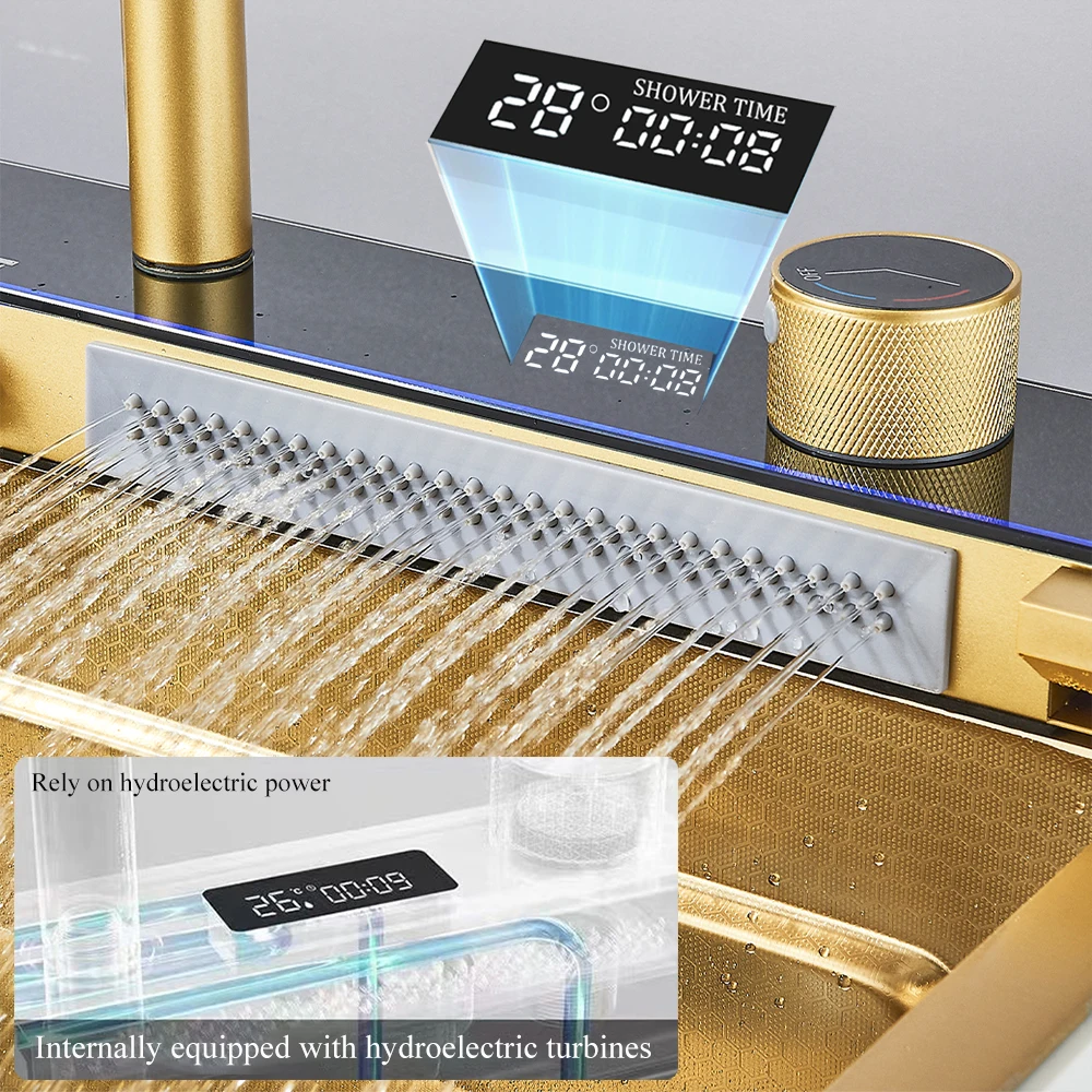 Golden Multifunctional Kitchen Sink Digital Display 304 Stainless Steel Waterfall Kitchen Sink with Soap Dispenser 5