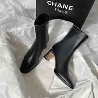 Autumn and Winter New Brown Short Boots with Velvet Coarse Heel French Ankle Boots and Back Zipper Square Head Boots - Image 3