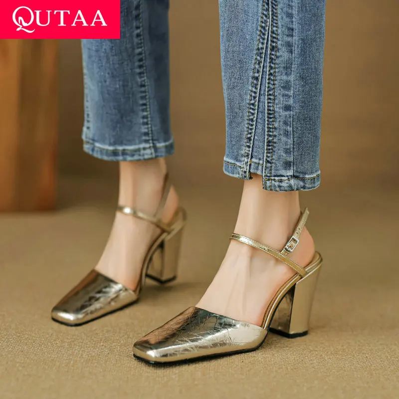 

QUTAA 2024 New Women Genuine Leather Sandals High Heels Slingbacks Summer Casual Shoes Office Pumps Party Prom Pumps Size 34-40