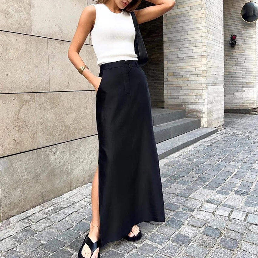 

Elegant Black Long Skirt for Women Spring Midi Waist Office Loose Skirts A-Line Pocket Ankle-Length Party Slit Skirt 2023