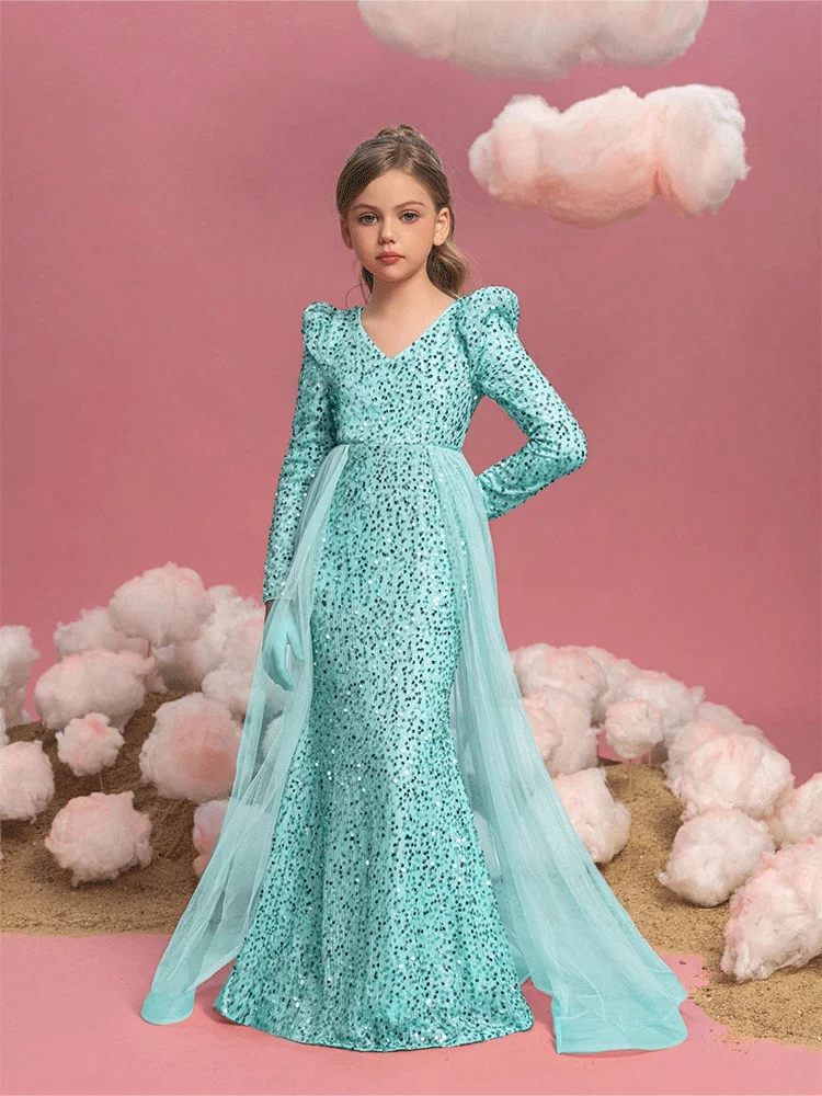 Col en v vert manches longues brillant sol au plafond filles fête d'anniversaire robe de soirée filles fleur fille robe couleur bonbon robe