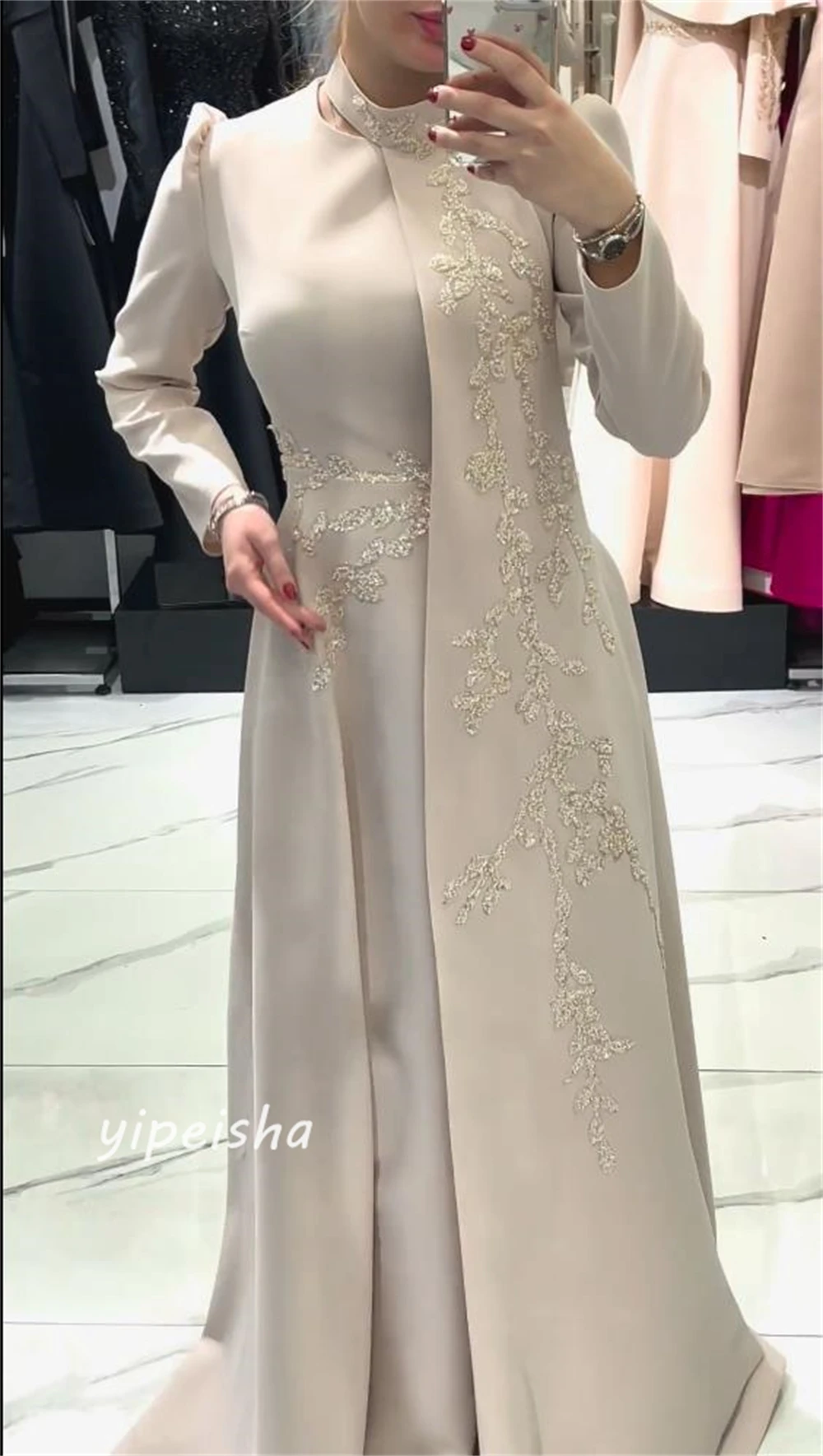 Jersey Applique Sequined Beading Ruched Prom A-line High Collar Bespoke Occasion Gown Long Dresses