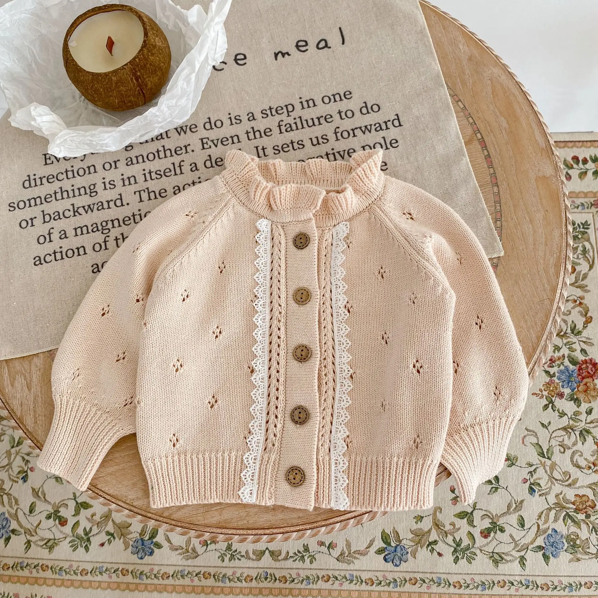 

Baby Sweater Girls New Born Knitted 2023 Autumn Winter Sweet Solid Color Cute All Match Lace Cardigan Lace Coat Single Breasted