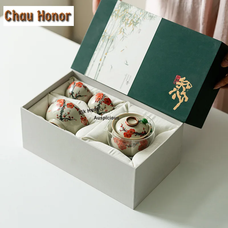 Pure Hand-painted Plum Blossom Tea Set Complete Set Boutique Tea Ceremony Set Teapot and Tea Cup Set Tea Services Decoration