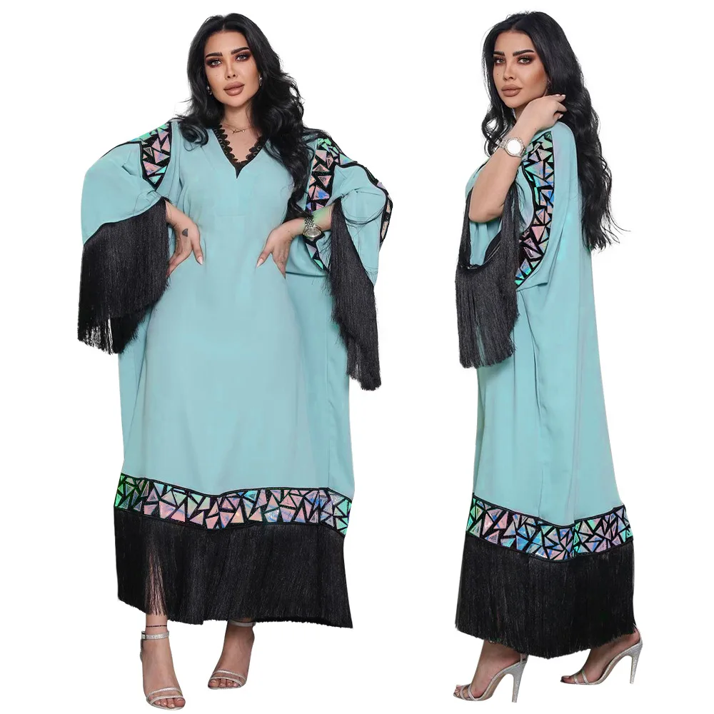 Dubai Abaya Kaftan Tassel Sequins Contrast Color Patchwork Flare Sleeve V-Neck Maxi Clothing Loose Arab Long Dresses