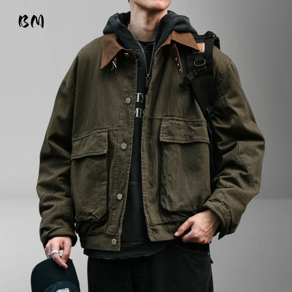 Mens American Vintage Cargo Jacket Washed Distressed Lapel Collar High Quality Regular Fit Spring Autumn Casual Utility Coat