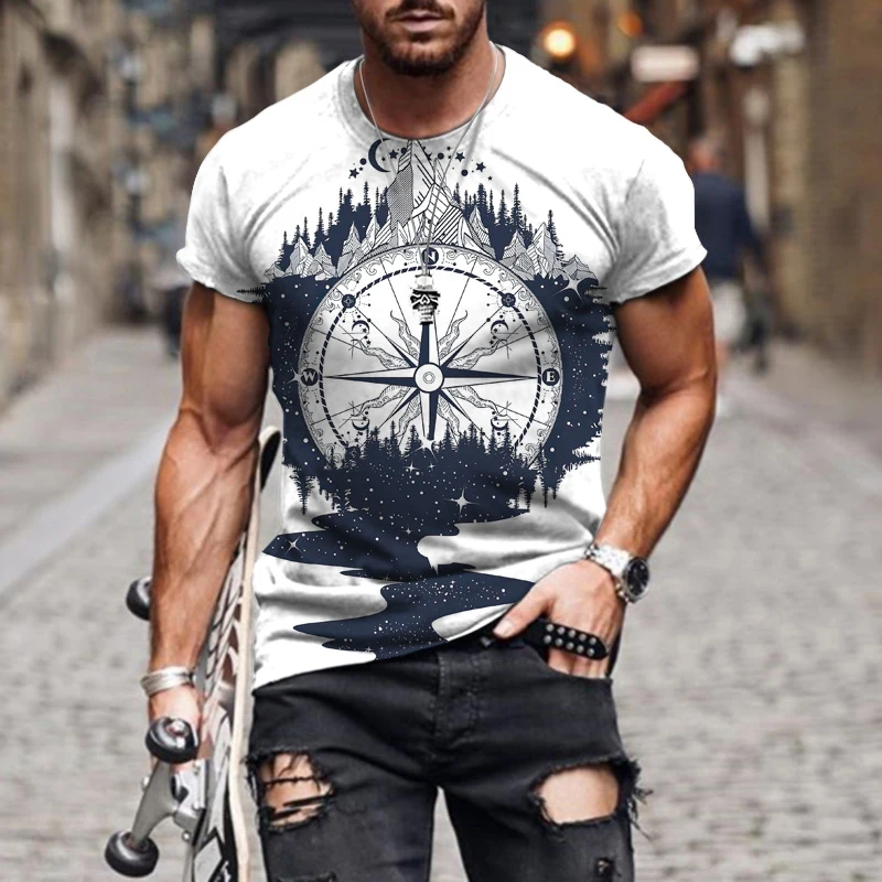 

Men's fashion, casual sports T-shirt, vintage short sleeved top, Harajuku 3D stone clock, map print, summer novelty