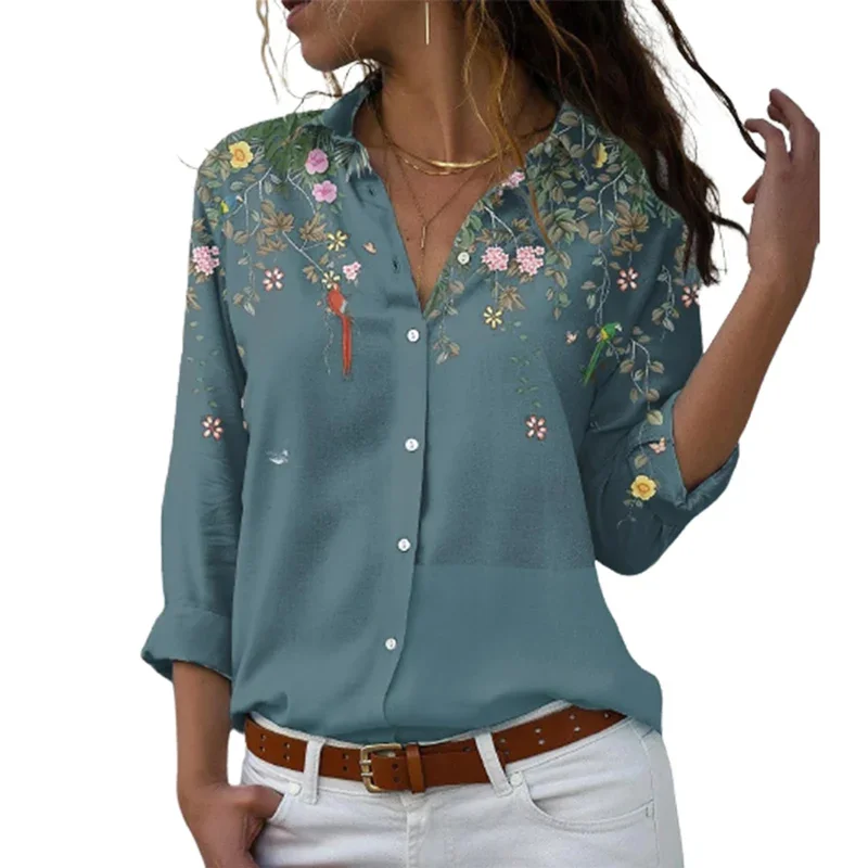 Elegant Print Spring Autumn Single-breasted Cardigan Shirt Comfortable Office Female Everyday Wear Casual Lapel Long Sleeve Tops