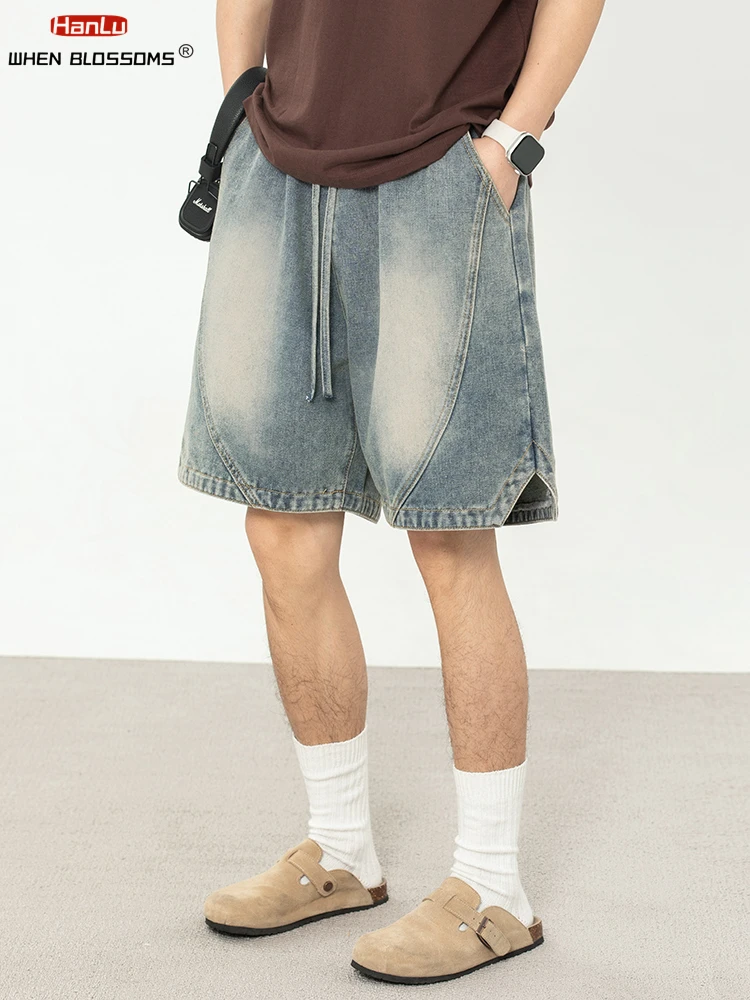 Vintage Washed Denim Shorts Men Summer Loose Fit Split Design Casual Streetwear American Fashion Cargo Jean Shorts
