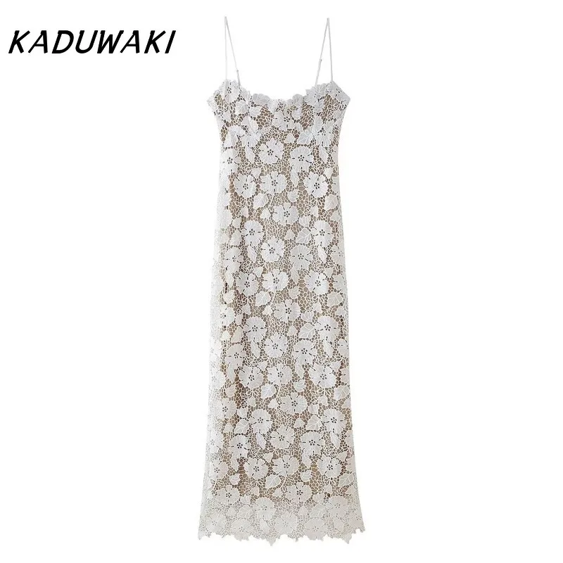 KADUWAKI Flower Pattern Lace Strap Long Slip Dress Summer Sexy Lace Splicing Back Strap Lace Up Slit Slim Fit Suspender Dresses 66 S357a854658644b549a54c7d831f0ec73X