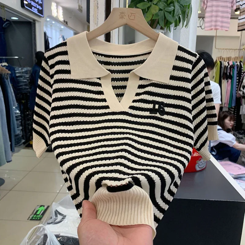 Women Short Sleeve Striped Polo Shirts Summer T-shirt Hollow Out Contrast Colors Patchwork Korean Fashion Casual Versatile Tops