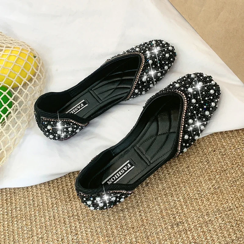 بريق كريستال اللؤلؤ ترصيع أحذية الباليه النساء ساحة تو الانزلاق على المتسكعون دافئ الضحلة قطع راقصة الباليه الشقق الأخفاف الإناث