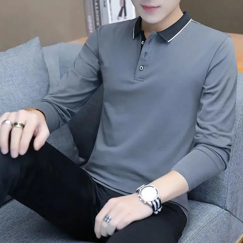 

Spring Autumn New Contrast Business Men's Polo Shirt Long Sleeve Solid Loose Trend Youth Tops Tees Fashion Casual Men Clothing