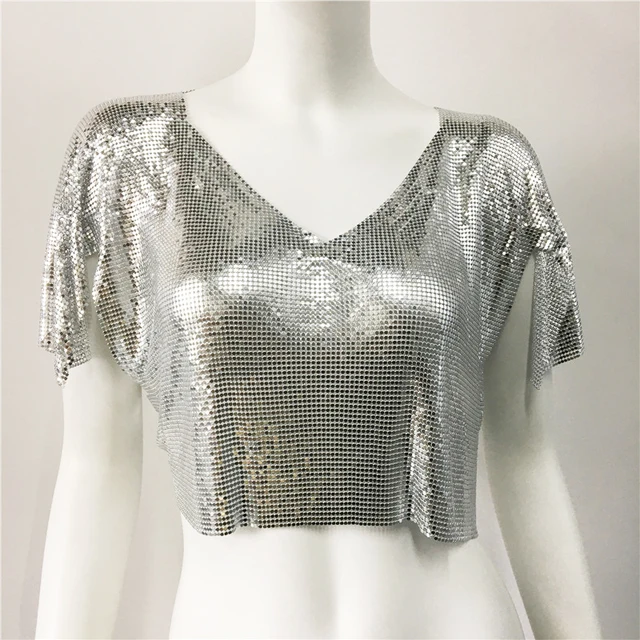 Glitter Chainmail Short Sleeve V Neck Top 37