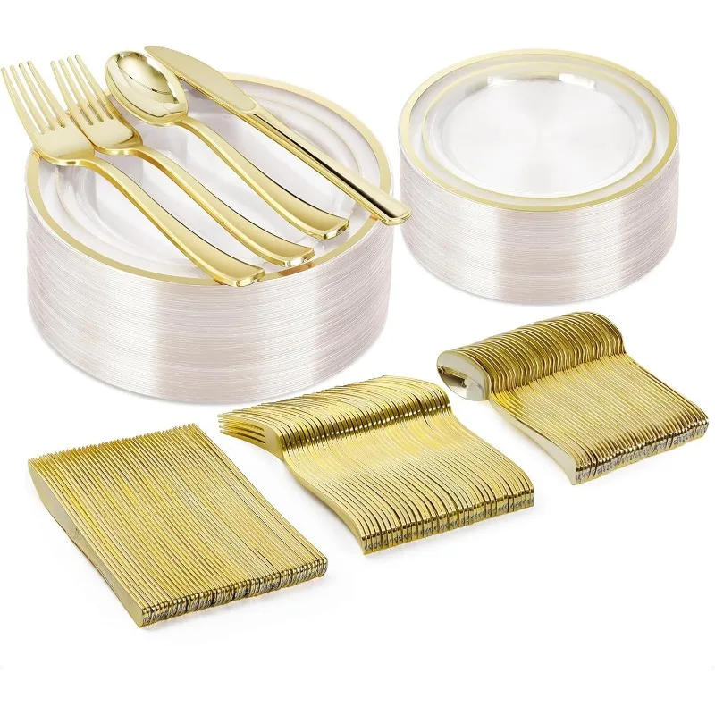 600PCS Plastic Plate Set (100 Guests ) Disposable Dinnerware Set of 200 Plastic Plates, 200 Forks, 100 Spoons, 100 Knives