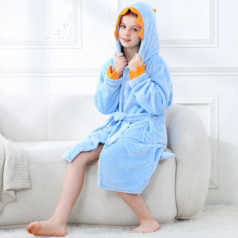 Boy and Girls Flannel Pajamas Robe Autumn and Winter Children Sleepwear Soft Hooded Kids Homewear 3-13 Years Dinosaur Bathrobes