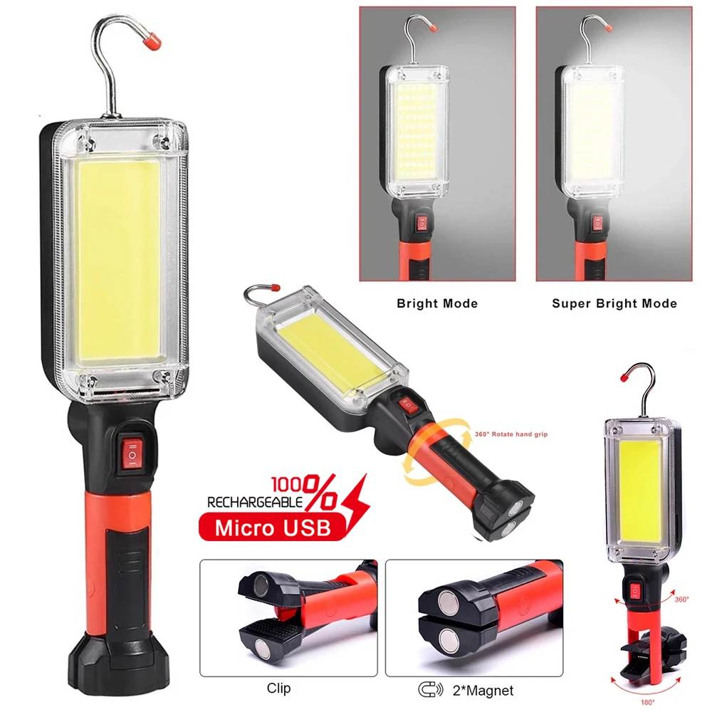 

Portable LED Flashlight USB Rechargeable COB Work Light Camping Lantern Hook Tent Searchlight Car Repair Magnetic Job Site Lamp