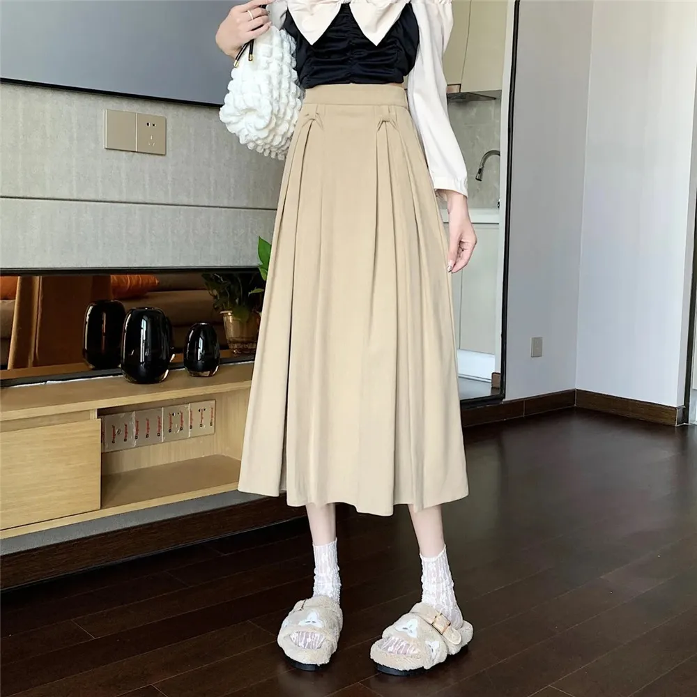 

Spring Korean High-Waisted Corduroy Pleated Skirt Women Autumn A-Line Girl Umbrella Girl Long Skirts Black Brown 2023 Streetwear