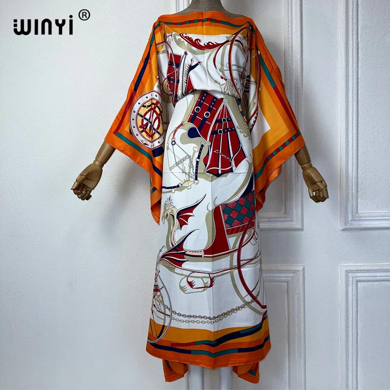 

Платье-кафтан с принтом на талии WINYI, модная африканская одежда, пляжные наряды для женщин, вечернее платье макси, роскошное платье
