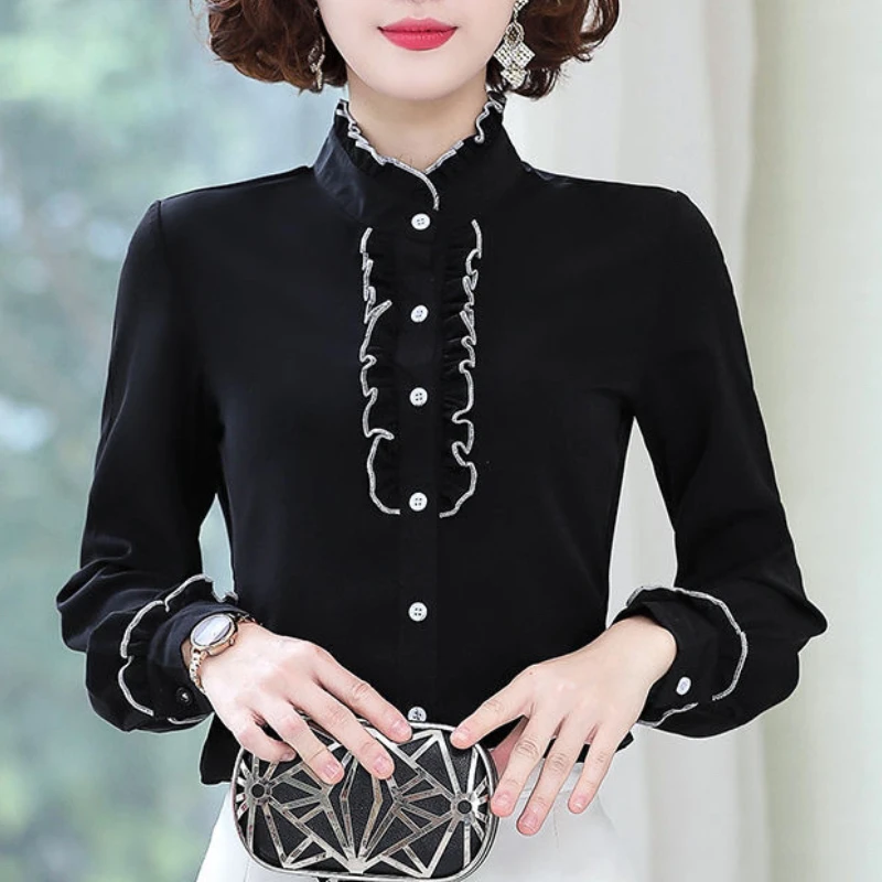 Tops Women New Blouse Spring Autumn Long Sleeve Female Cardigan Single-breasted Office Lady Korean Style Patchwork Solid Color