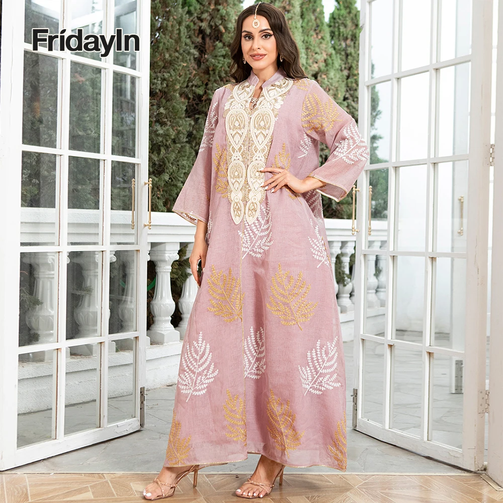 

Fridayin Muslim Abaya All Season Elegant Long Dresses For Women Embroidery Flowers High Collar Flared Sleeve Loose Skirts Kaftan