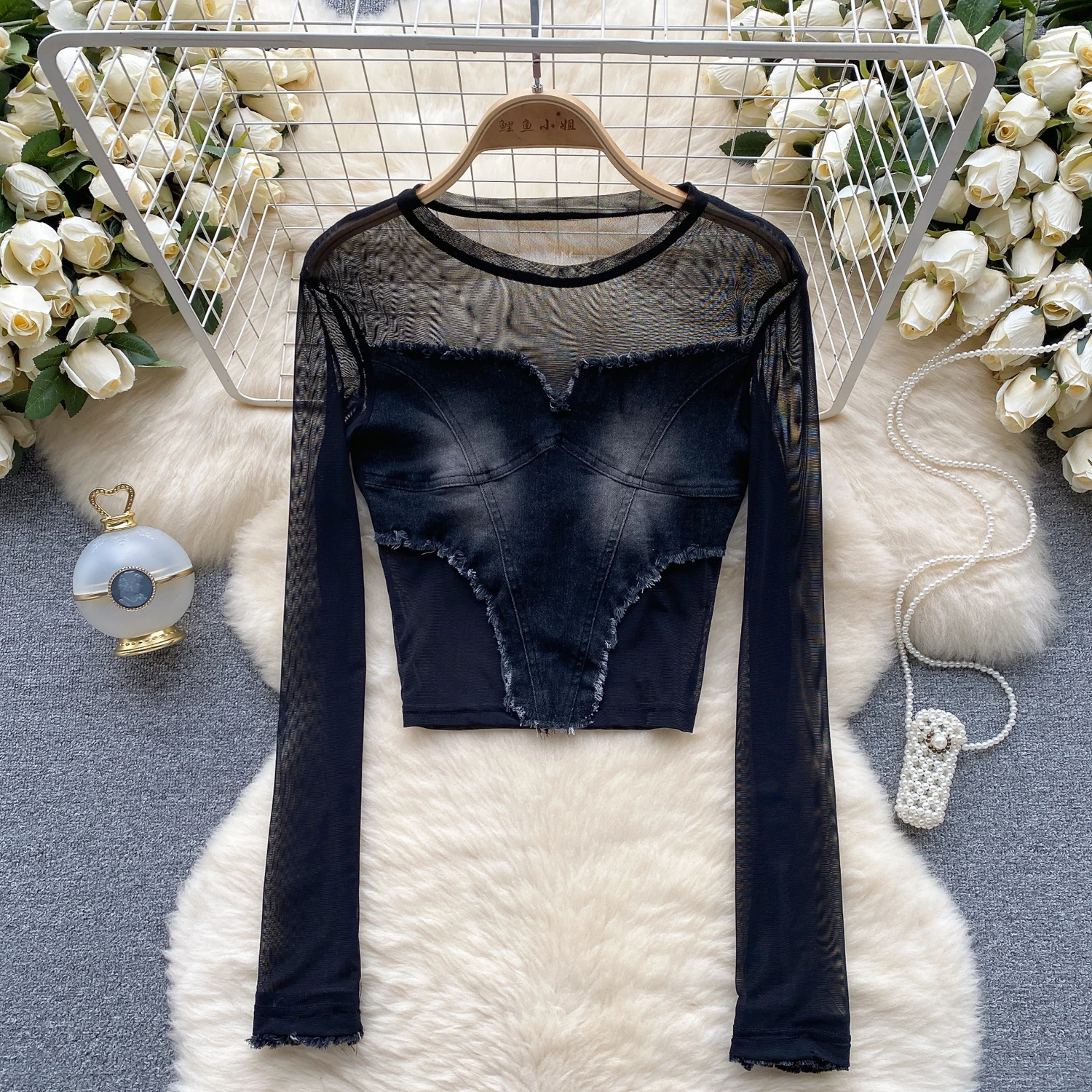 

Fashion long sleeve T-shirt women's tulle patchwork denim retro top