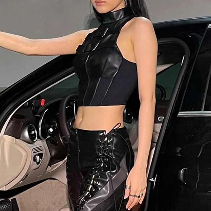 Camiseta sin mangas estilo punk para mujer, de cuero, con hebilla, sin mangas, con cremallera y retazos, estilo hip hop