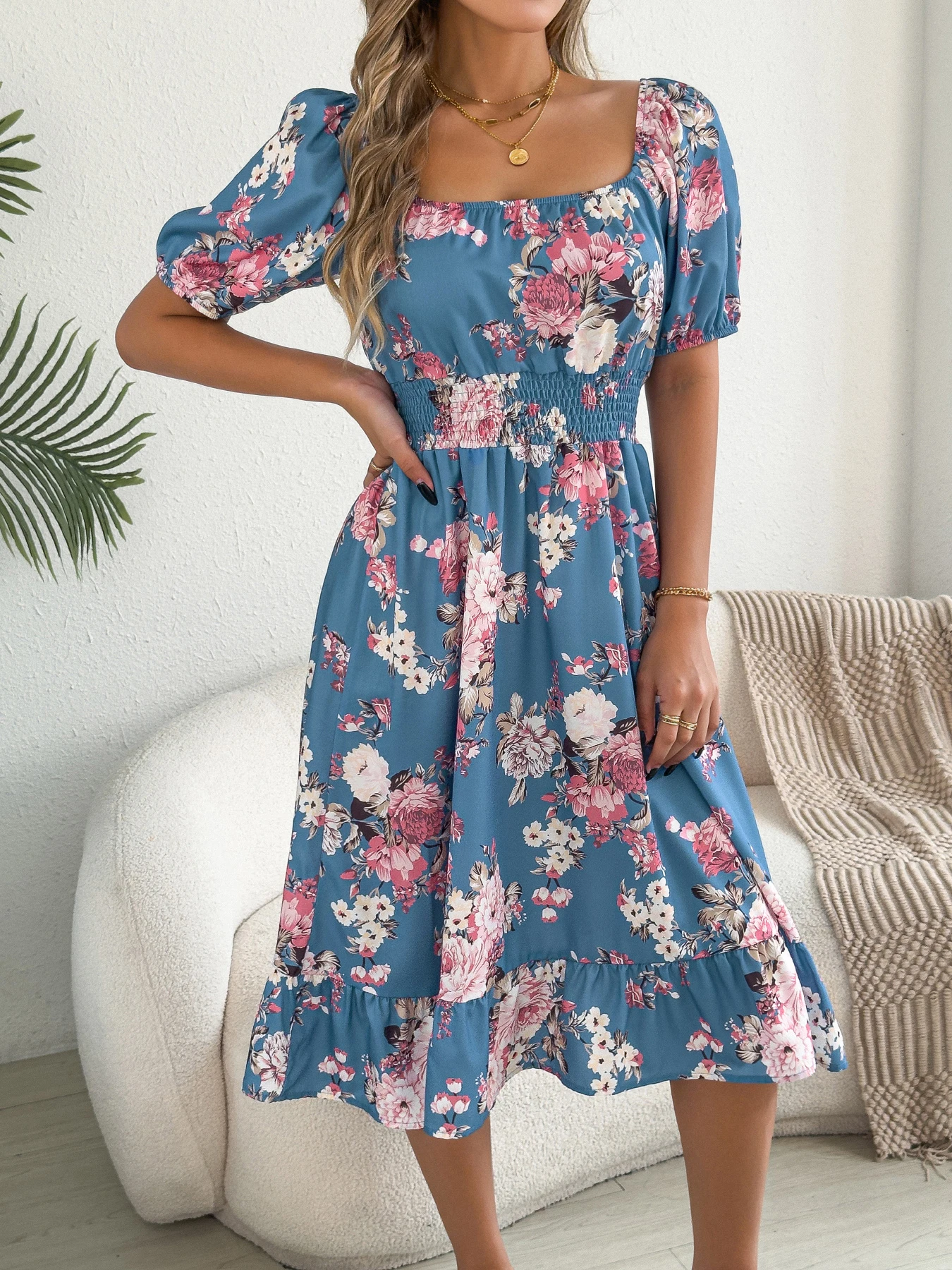 Floral Ruffled Short Sleeve Dress for Women
