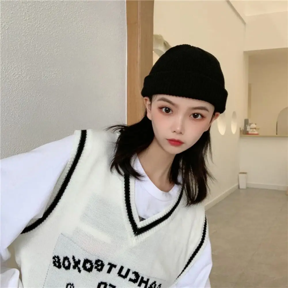 Trendy Korean Style Knitted Hats Flanged Short Hip Hop Hat Warm Fisherman Beanies Autumn and Winter