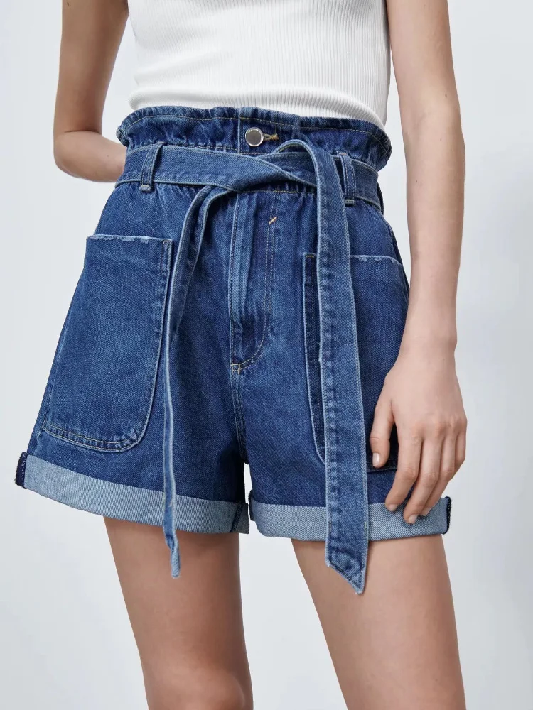 2022 Summer New Street Fashion Joker Denim Casual Shorts Sashes Pockets