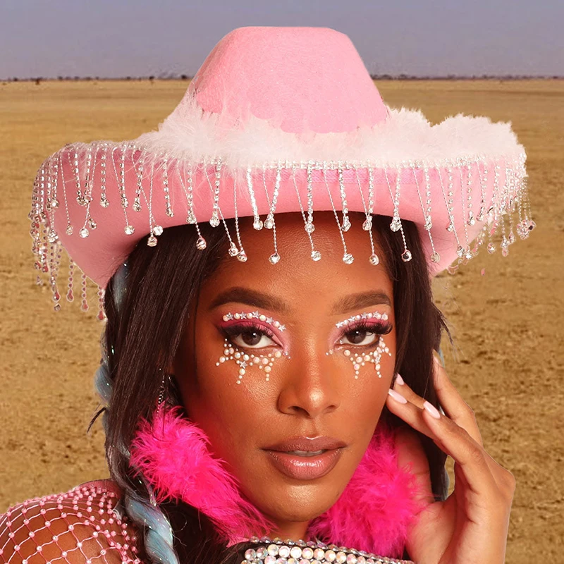 

90s Vintage Rhinestone Tassel Cowboy Hat Y2K Royal Court Style Elegant Hats E-girls Cute Pink Star Print Caps For Party