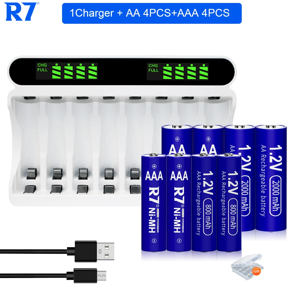 

R7 4PCS 1.2V NI-MH AA rechargeable battery 2000mAh + 4PCS AAA batteries 800mAh with 8 Slots LCD AA/AAA Charger