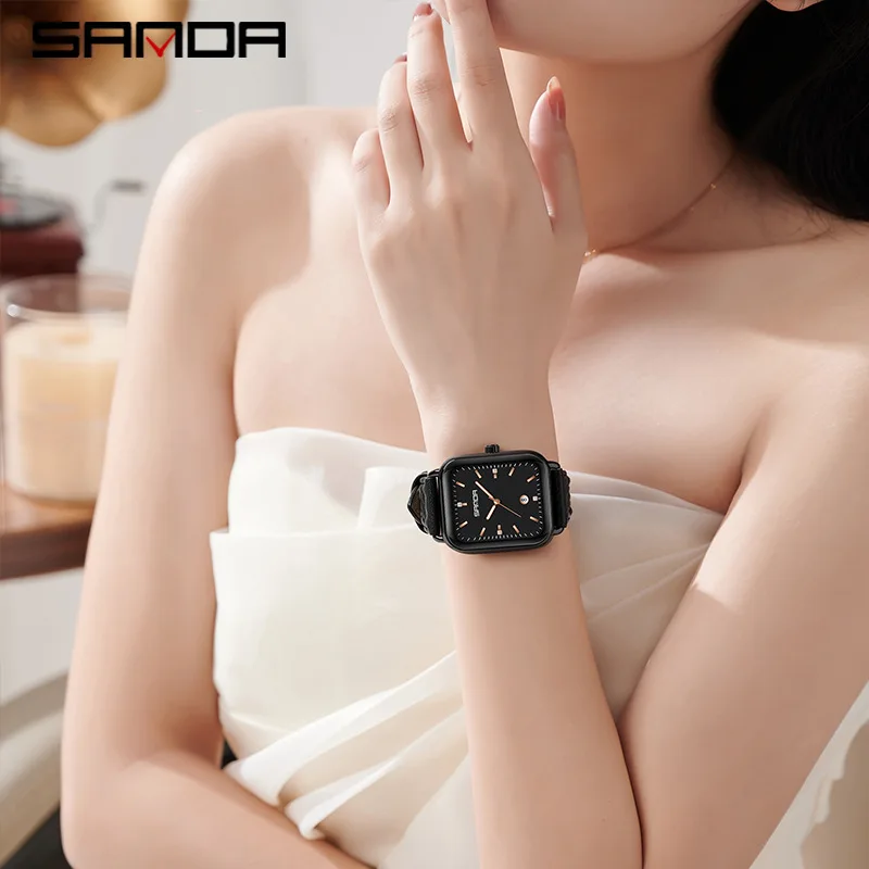 SANDA 1134 Women's Square Quartz Watch Black Fashion Crystal Waterproof Date Pointer Wristwatches for Ladies Watches Gift 2