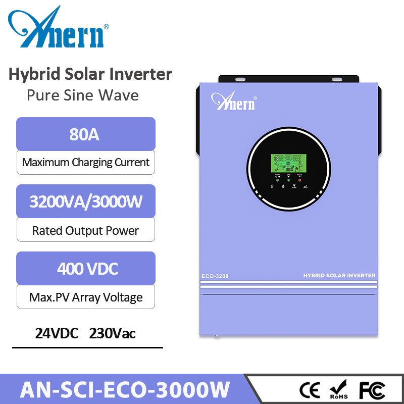 Anern 24v 3000w Inverter 1600w Solar Max PV 400V Build In 80A MPPT Charger for Battery Lithium Inverter 12v 220v Pure Wave