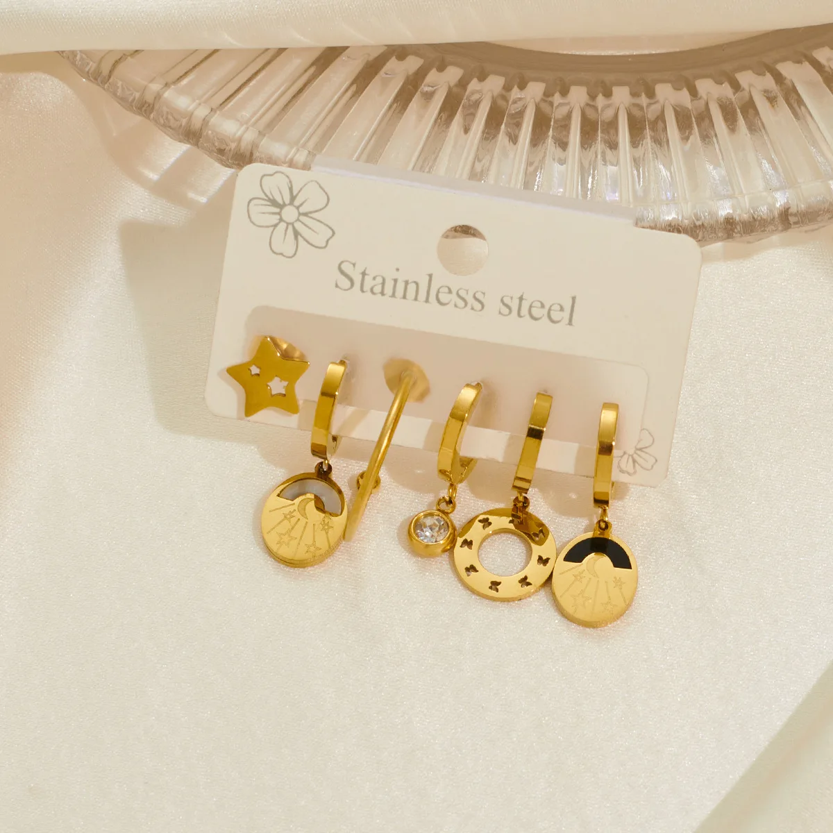 Chic Stylish 316L Stainless Steel 6 Pieces Zircon Heart Star Moon Earring for Women Fashion Vintage Jewelry Wholesale 1