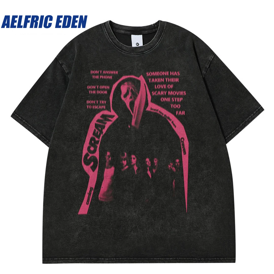 

Aelfric Eden 2023 Men Punk Tshirt Streetwear Vintage Skull Skeleton Scream Print T Shirt Hip Hop Harajuku Cotton Washed Tee Top