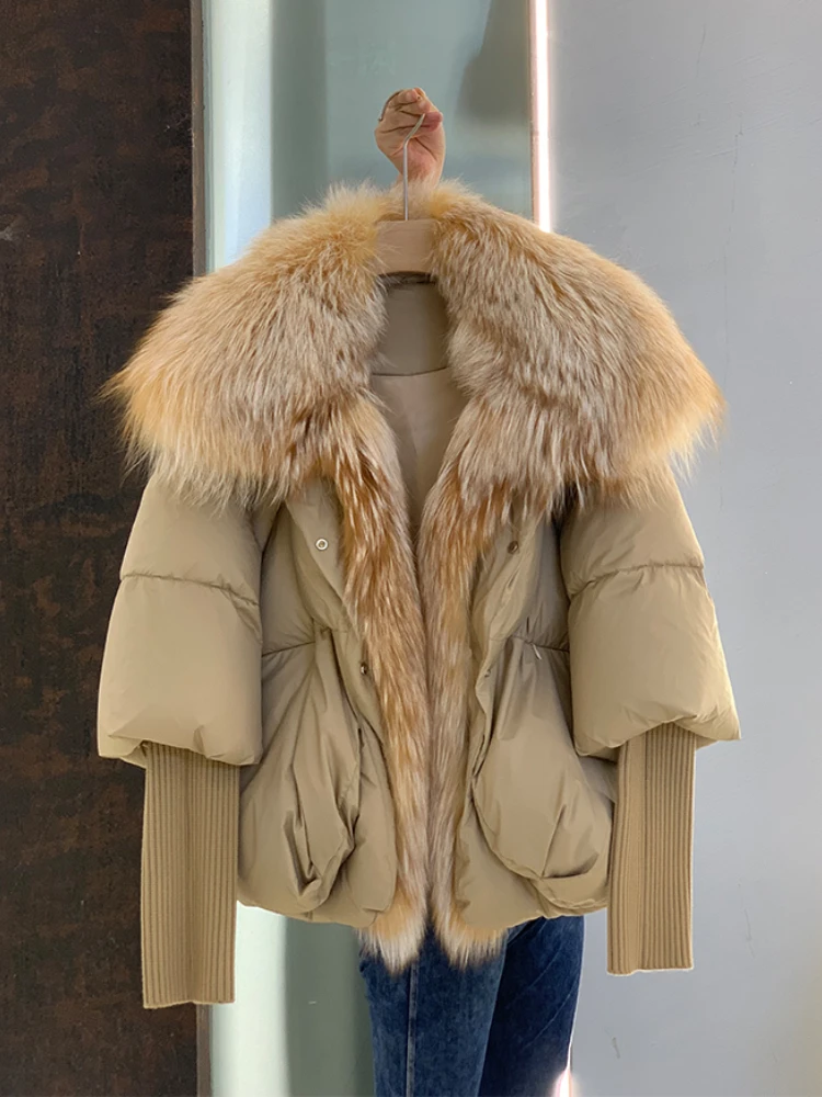 Female Large Fox Fur Collar Outerwear Thick Warm Fur Real Fur Coat Winter Jacket Women White Duck Down Jackets Hooded