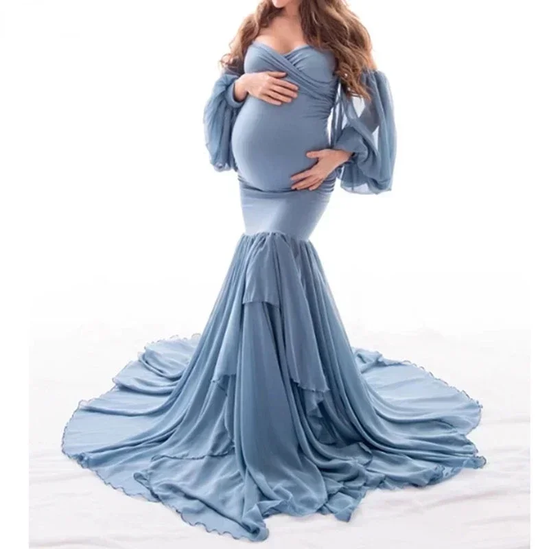

Maternity Dress for Photo Shoot Sexy Women Off Shoulder Chiffon Long Sleeves Mermaid Pregnancy Maxi Gown Dress Photography Props