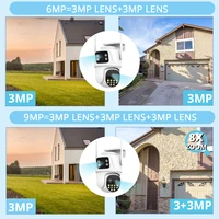Caméra IP WIFI 9MP à trois objectifs, double écran avec zoom 8X, caméra PTZ 6MP, suivi automatique par IA, caméra de surveillance vidéo ICSee 2