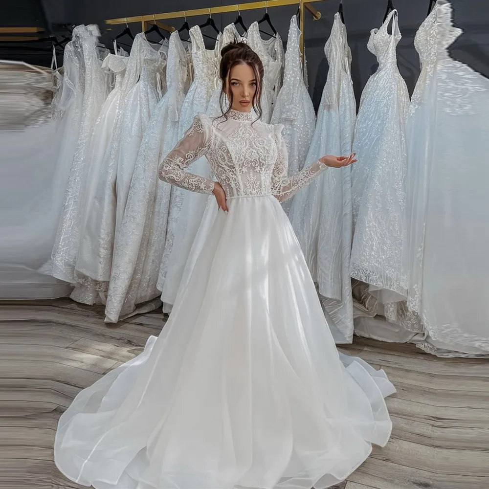 

Saudi Arabic A Line Lace Boho Wedding Dresses Puff Long Sleeves High Neck Organza Skirt Sweep Train Bridal Gown Vestido De Novia