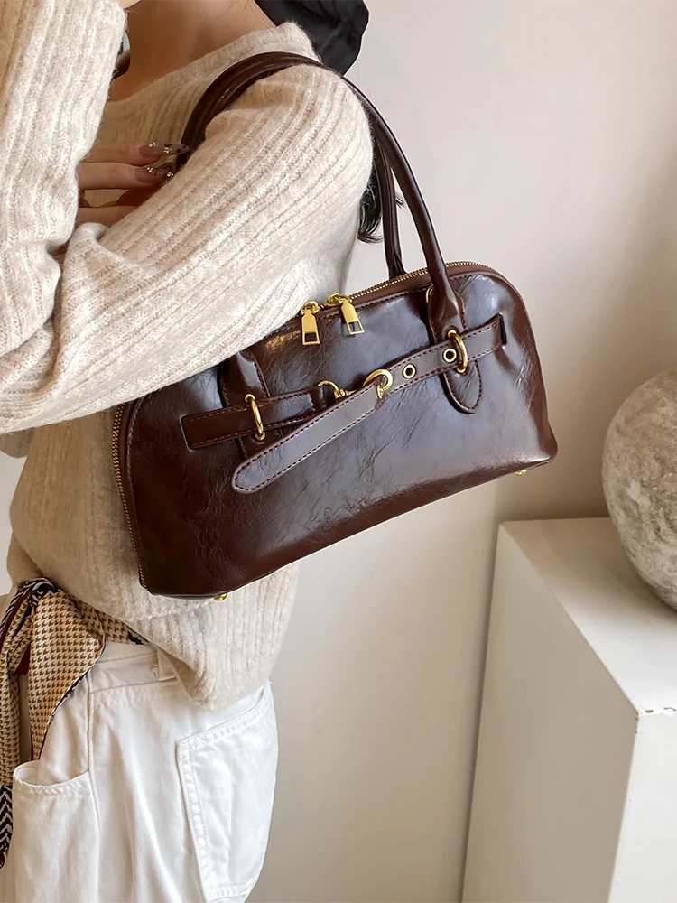 Vintage Oil Waxed Leather Shoulder Bag autumn solid color lady handbags women classic red wedding bag