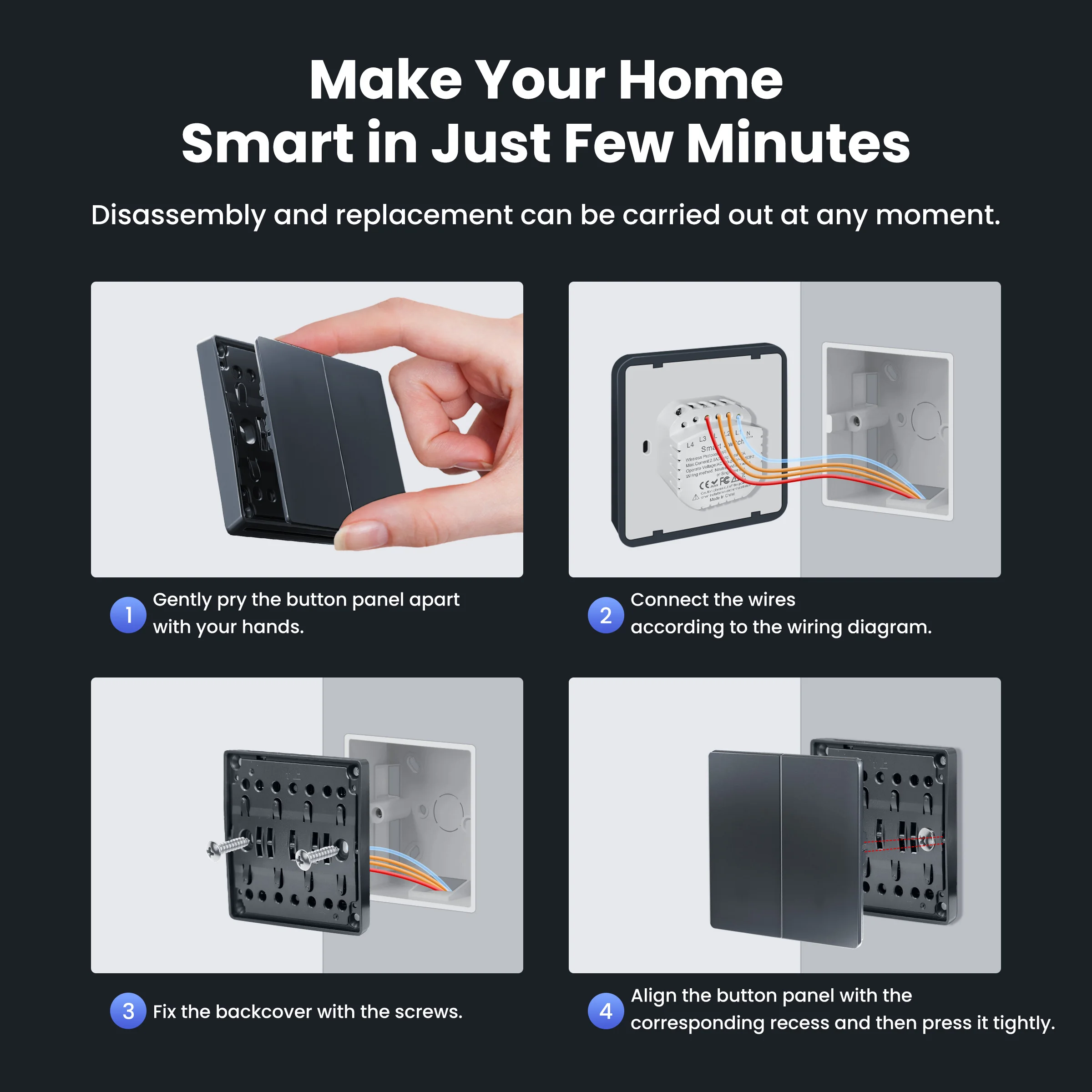 GIRIER Smart Wall Switch Wifi Light Switch Neutral Wire Required Button Switches 1/2/3/4 Gang Supports Tuya APP Alexa Hey Google smart switch