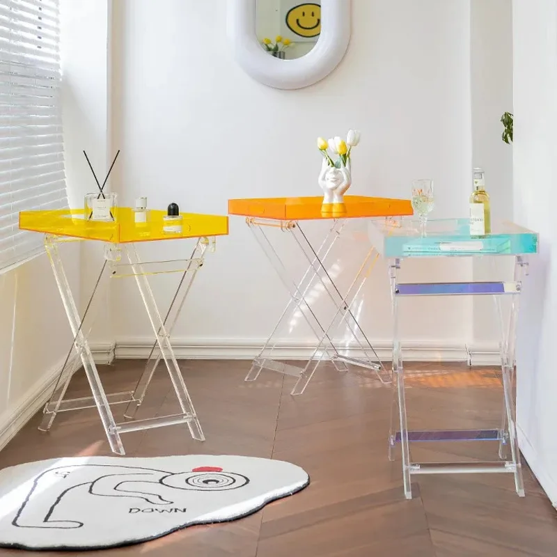 Nordic home decoration transparent acrylic folding sofa side table small portable square coffee table storage rack