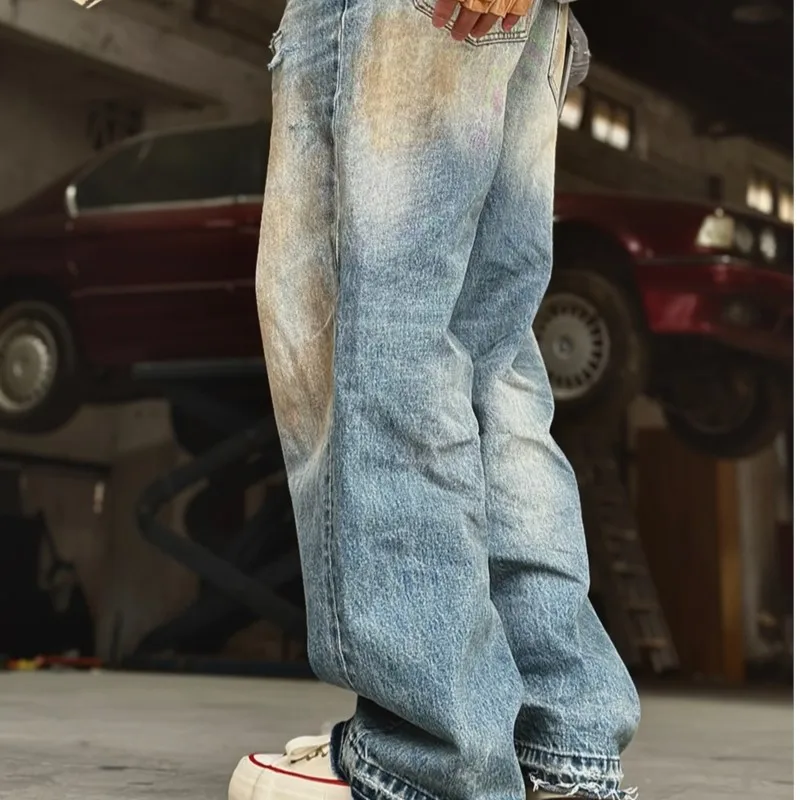 

High Quality Wasteland Style American Heavy Industry Washed Worn Jeans Men's Loose Pants