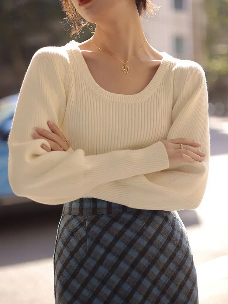 

Autumn Winter Long Sleeve Square Neck Loose Fit Pullover Vintage Solid Color Women Tops Korean Fashion Short Sweater V29