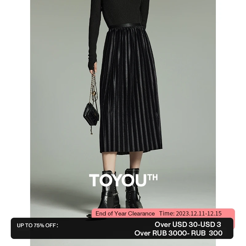 

Toyouth Women Velvet Skirt 2023 Winter High Waist A-shaped Loose Pleat Design Fashion Versatile Black Mid-length Skirt