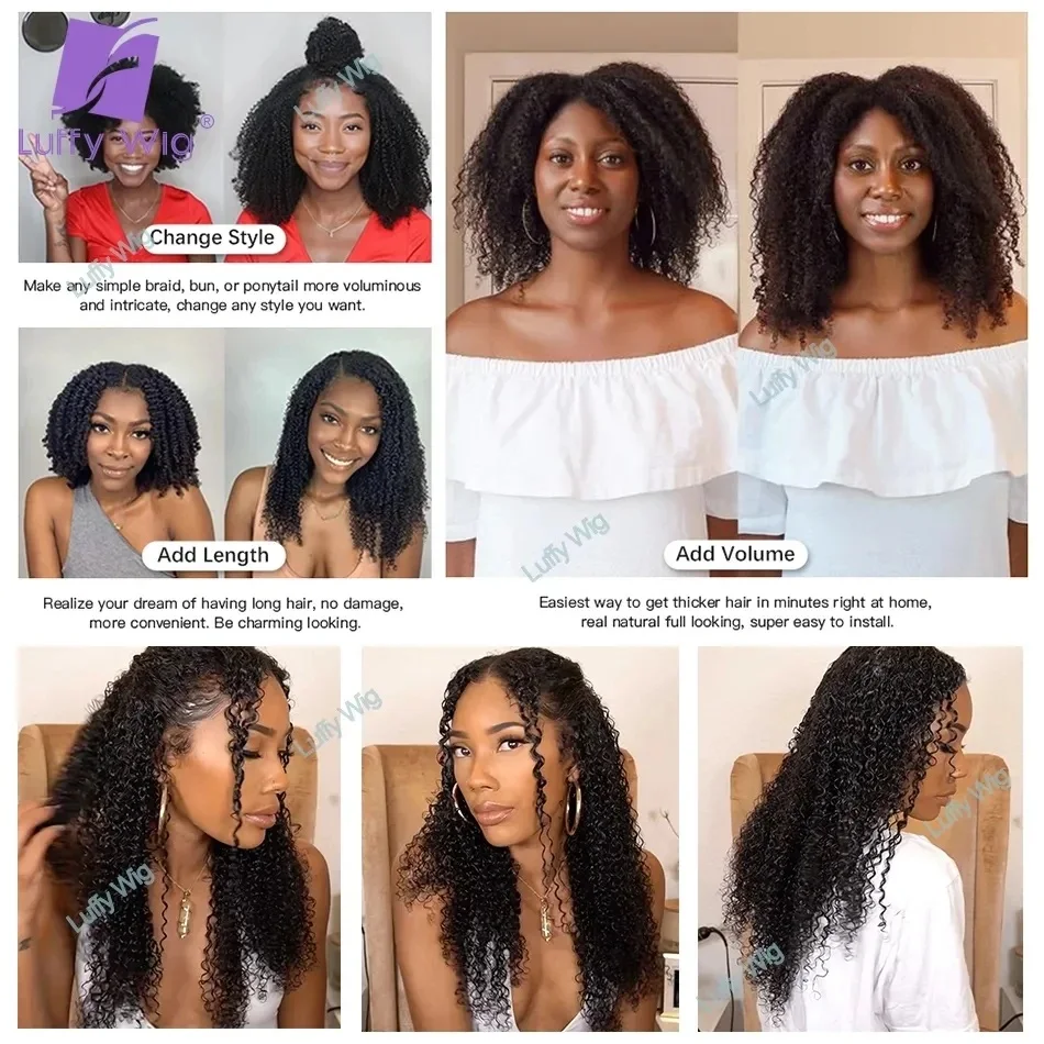 Seamless Pu Clip In Human Hair Extensions 3B 3C Afro Kinky Curly Real Brazilian Remy Clip On Human Hair Bundles 100g 7Pcs Luffy