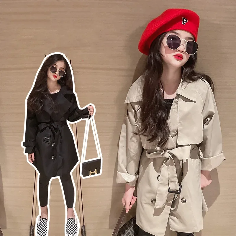 

Модное женское пальто с поясом, длинный Тренч для девочек-подростков, хлопковая осенне-Весенняя однотонная ветровка, детская одежда, верхняя одежда