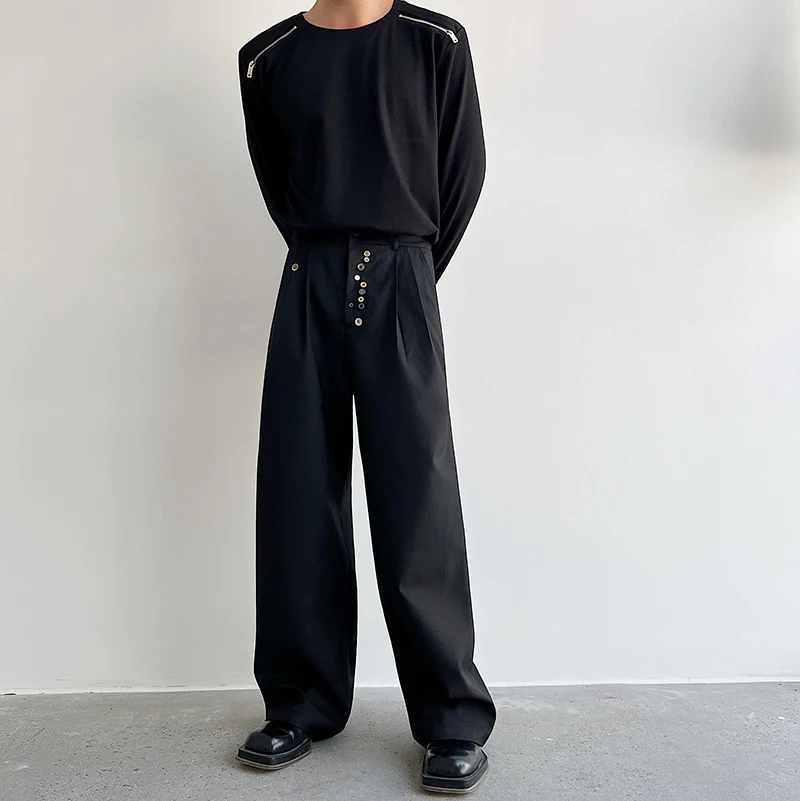 

2023Casual Loose Button Men Suit Male Decoration Trousers Japan Korean Net Celebrity Streetwear Fashion Show Black Straight Pant